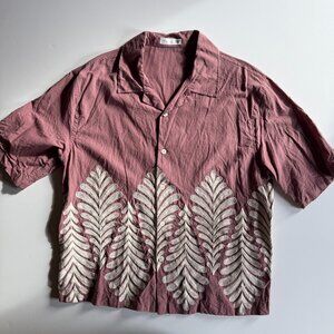 Zara Man Embroidered SS Button-Up Shirt – Pink with Ivory Stitching - Mens Large